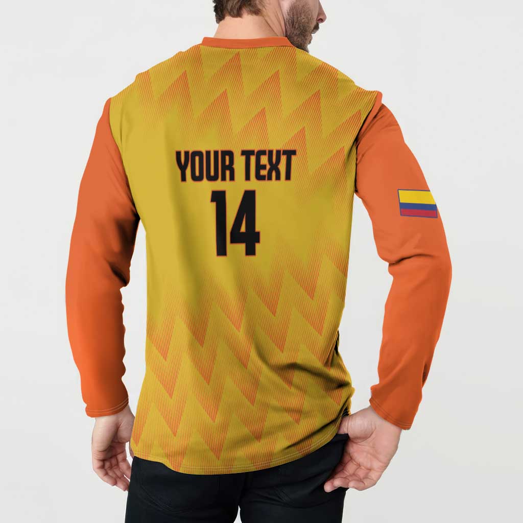 Back view of yellow football sweatshirt with orange sleeves and “YOUR TEXT 14” print