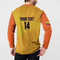 Back view of yellow football sweatshirt with orange sleeves and “YOUR TEXT 14” print