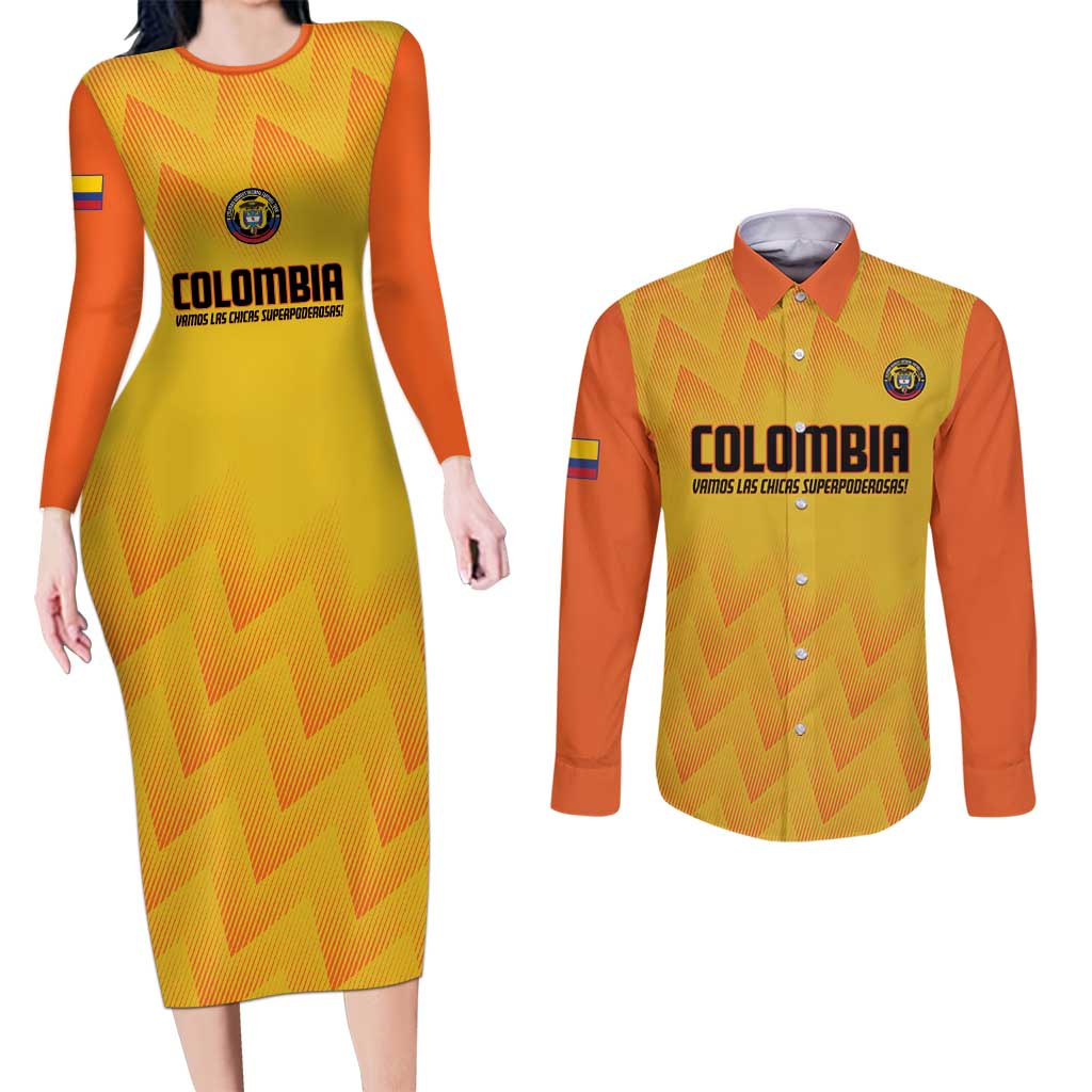 Custom Colombia Football Couples Matching Long Sleeve Bodycon Dress and Long Sleeve Button Shirt 2025 Las Chicas Superpoderosas - Yellow Version - Wonder Print Shop