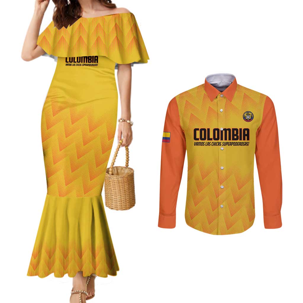 Custom Colombia Football Couples Matching Mermaid Dress and Long Sleeve Button Shirt 2025 Las Chicas Superpoderosas - Yellow Version