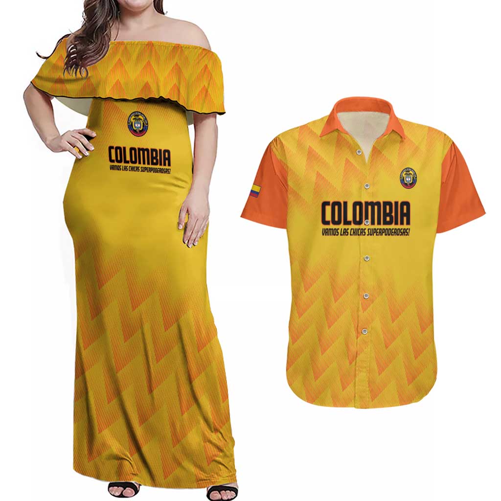 Custom Colombia Football Couples Matching Off Shoulder Maxi Dress and Hawaiian Shirt 2025 Las Chicas Superpoderosas - Yellow Version - Wonder Print Shop