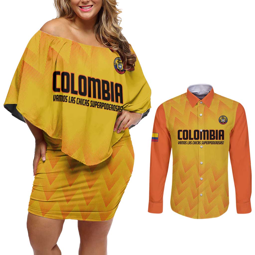 Custom Colombia Football Couples Matching Off Shoulder Short Dress and Long Sleeve Button Shirt 2025 Las Chicas Superpoderosas - Yellow Version - Wonder Print Shop