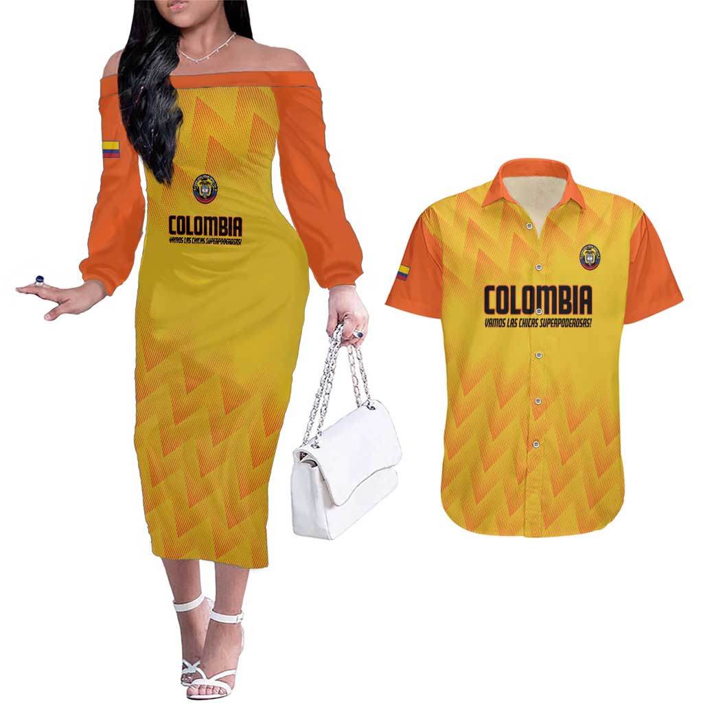 Custom Colombia Football Couples Matching Off The Shoulder Long Sleeve Dress and Hawaiian Shirt 2025 Las Chicas Superpoderosas - Yellow Version - Wonder Print Shop