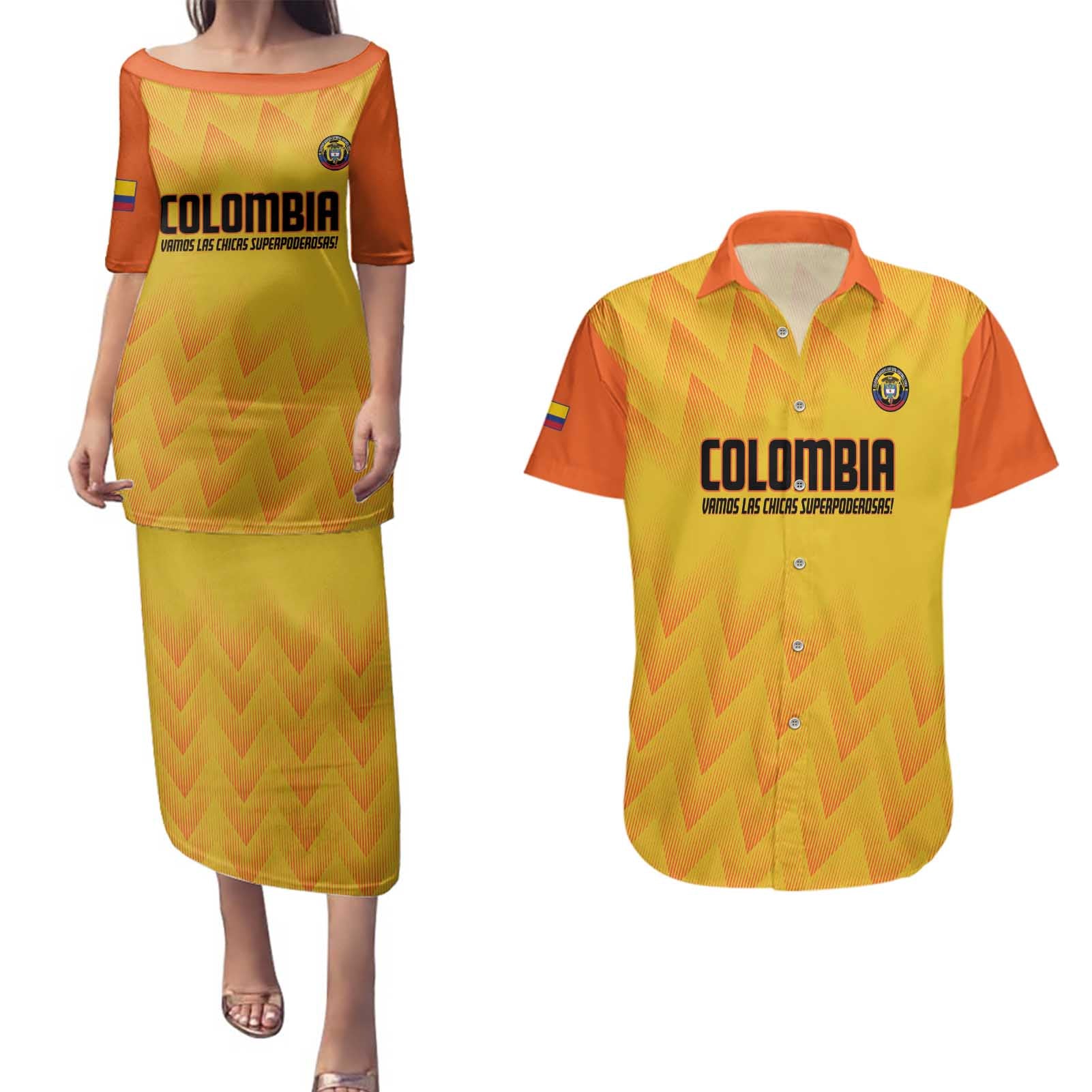 Custom Colombia Football Couples Matching Puletasi and Hawaiian Shirt 2025 Las Chicas Superpoderosas - Yellow Version - Wonder Print Shop