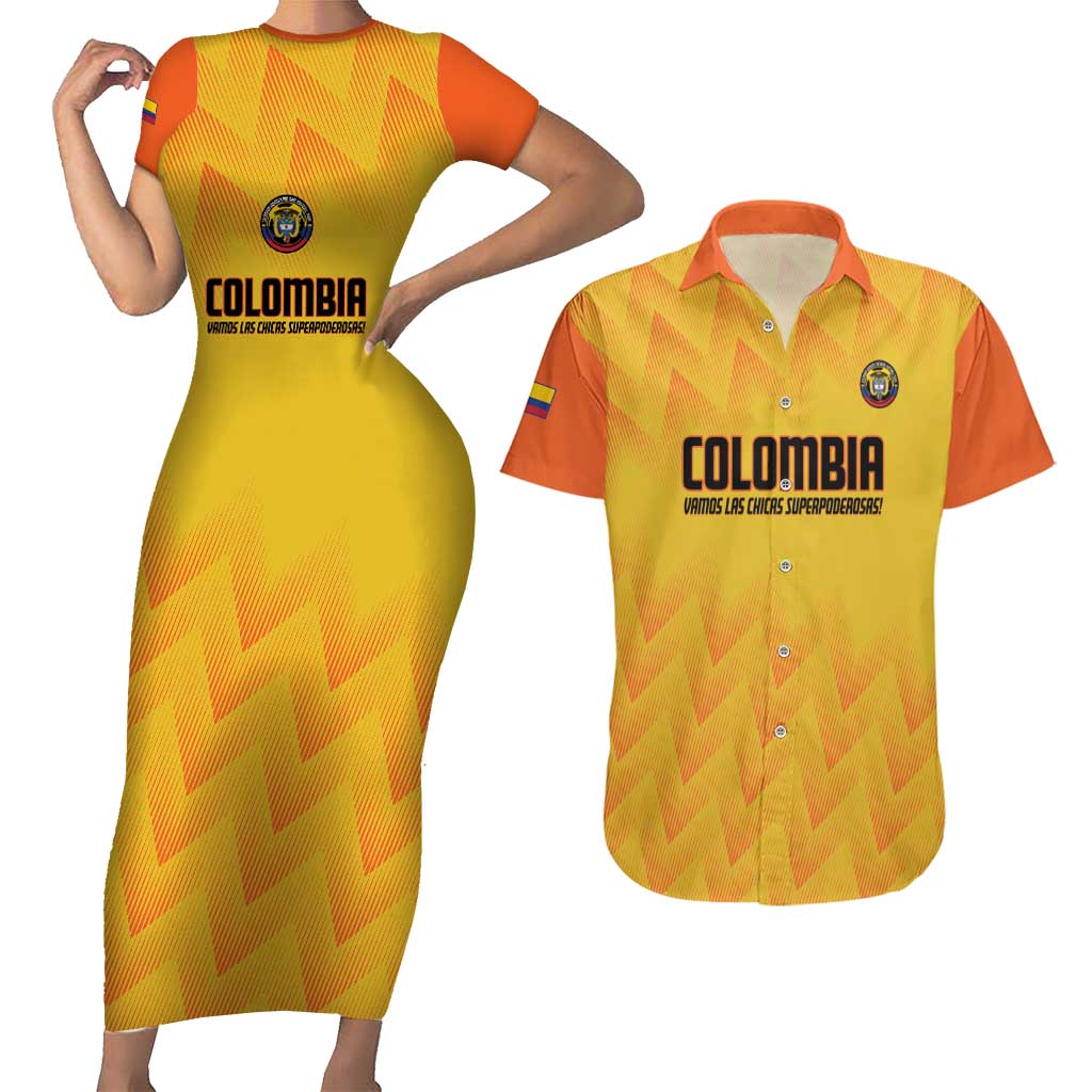 Custom Colombia Football Couples Matching Short Sleeve Bodycon Dress and Hawaiian Shirt 2025 Las Chicas Superpoderosas - Yellow Version - Wonder Print Shop