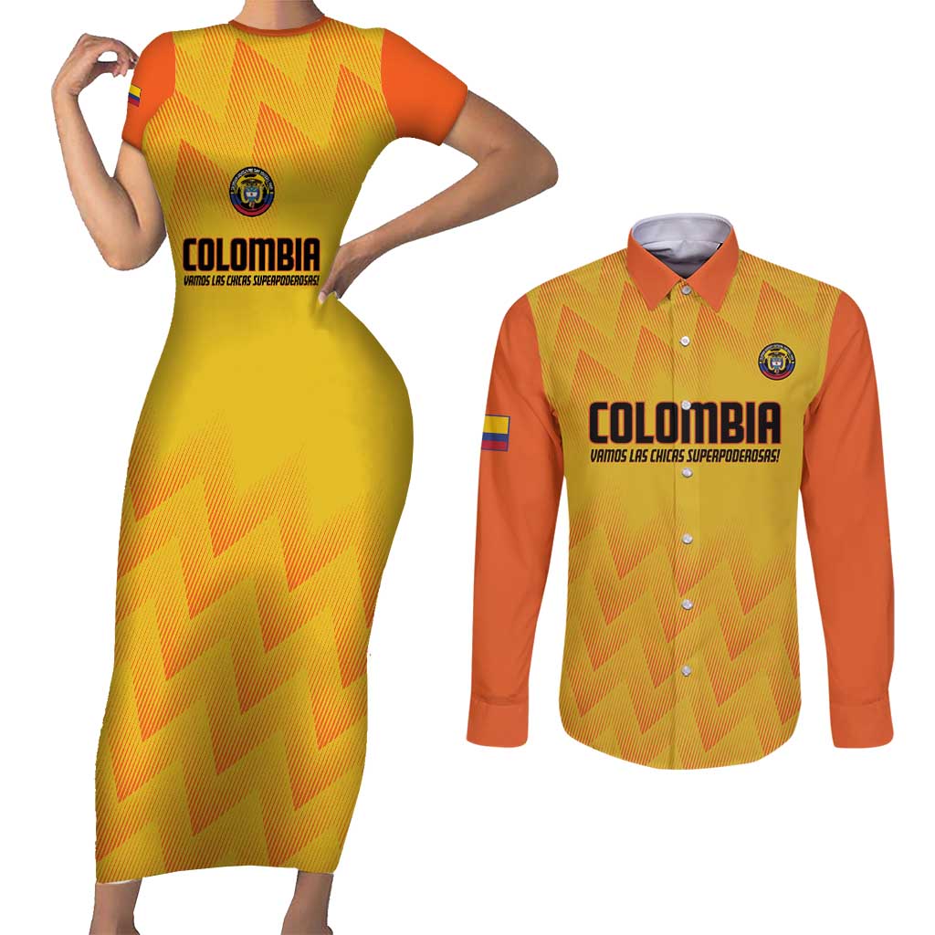 Custom Colombia Football Couples Matching Short Sleeve Bodycon Dress and Long Sleeve Button Shirt 2025 Las Chicas Superpoderosas - Yellow Version - Wonder Print Shop