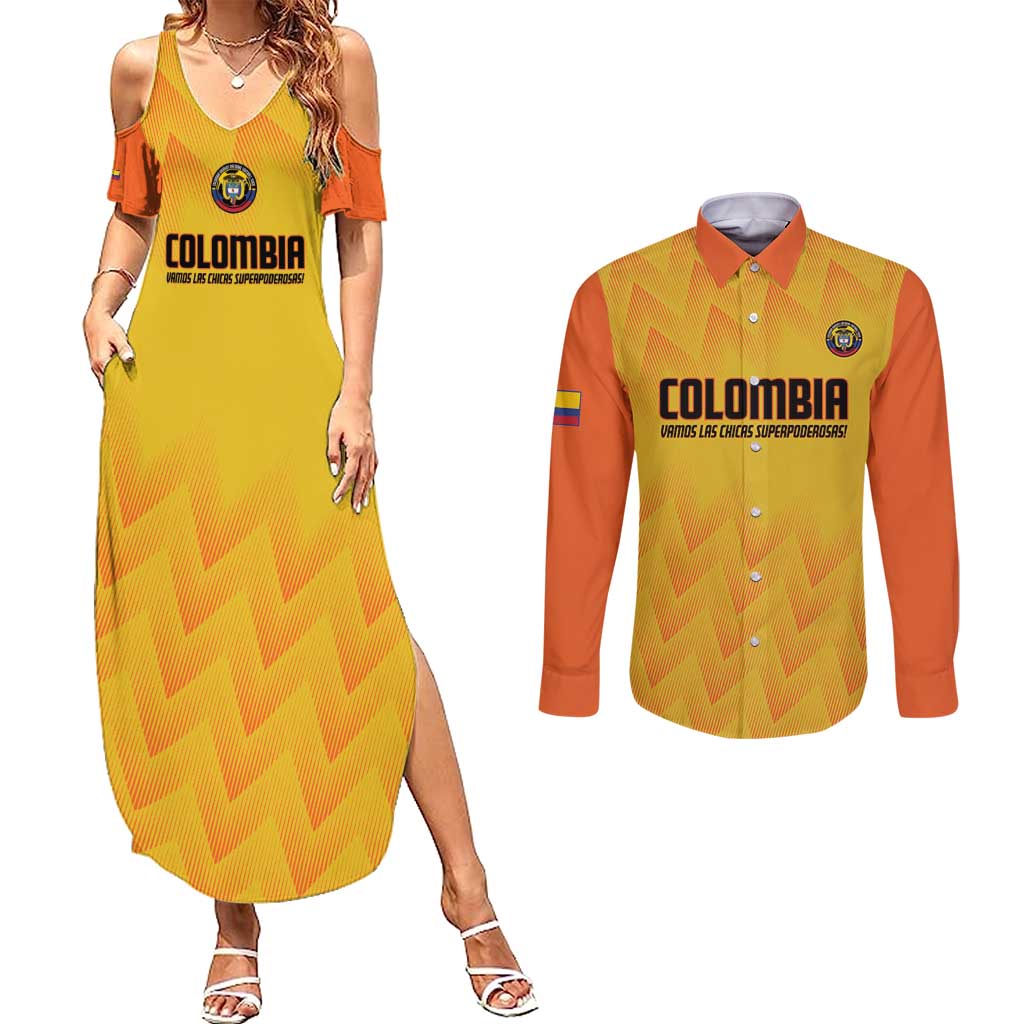 Custom Colombia Football Couples Matching Summer Maxi Dress and Long Sleeve Button Shirt 2025 Las Chicas Superpoderosas - Yellow Version - Wonder Print Shop