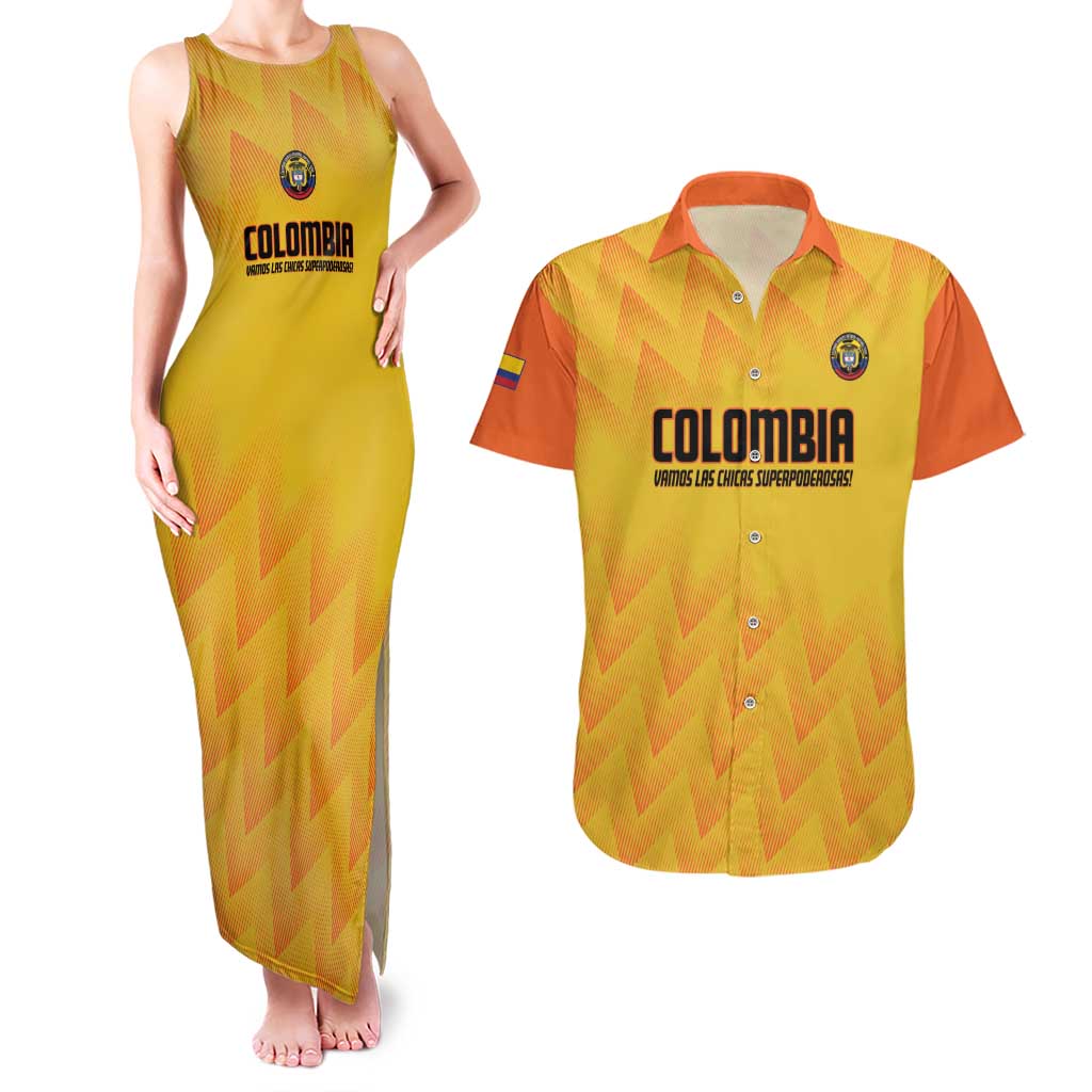 Custom Colombia Football Couples Matching Tank Maxi Dress and Hawaiian Shirt 2025 Las Chicas Superpoderosas - Yellow Version - Wonder Print Shop