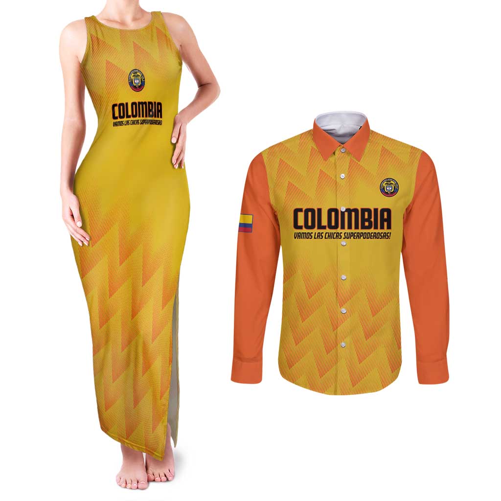 Custom Colombia Football Couples Matching Tank Maxi Dress and Long Sleeve Button Shirt 2025 Las Chicas Superpoderosas - Yellow Version - Wonder Print Shop