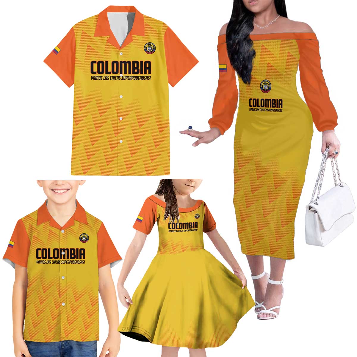 Custom Colombia Football Family Matching Off The Shoulder Long Sleeve Dress and Hawaiian Shirt 2025 Las Chicas Superpoderosas - Yellow Version - Wonder Print Shop