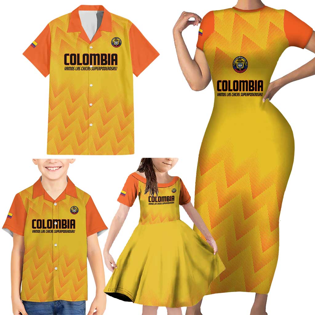 Custom Colombia Football Family Matching Short Sleeve Bodycon Dress and Hawaiian Shirt 2025 Las Chicas Superpoderosas - Yellow Version - Wonder Print Shop