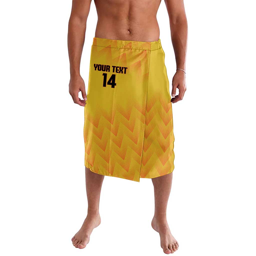 Yellow football shorts with elastic waist, chevron pattern, 'YOUR TEXT 14' front