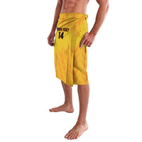 Yellow football shorts with elastic waist, chevron pattern, 'YOUR TEXT 14' front