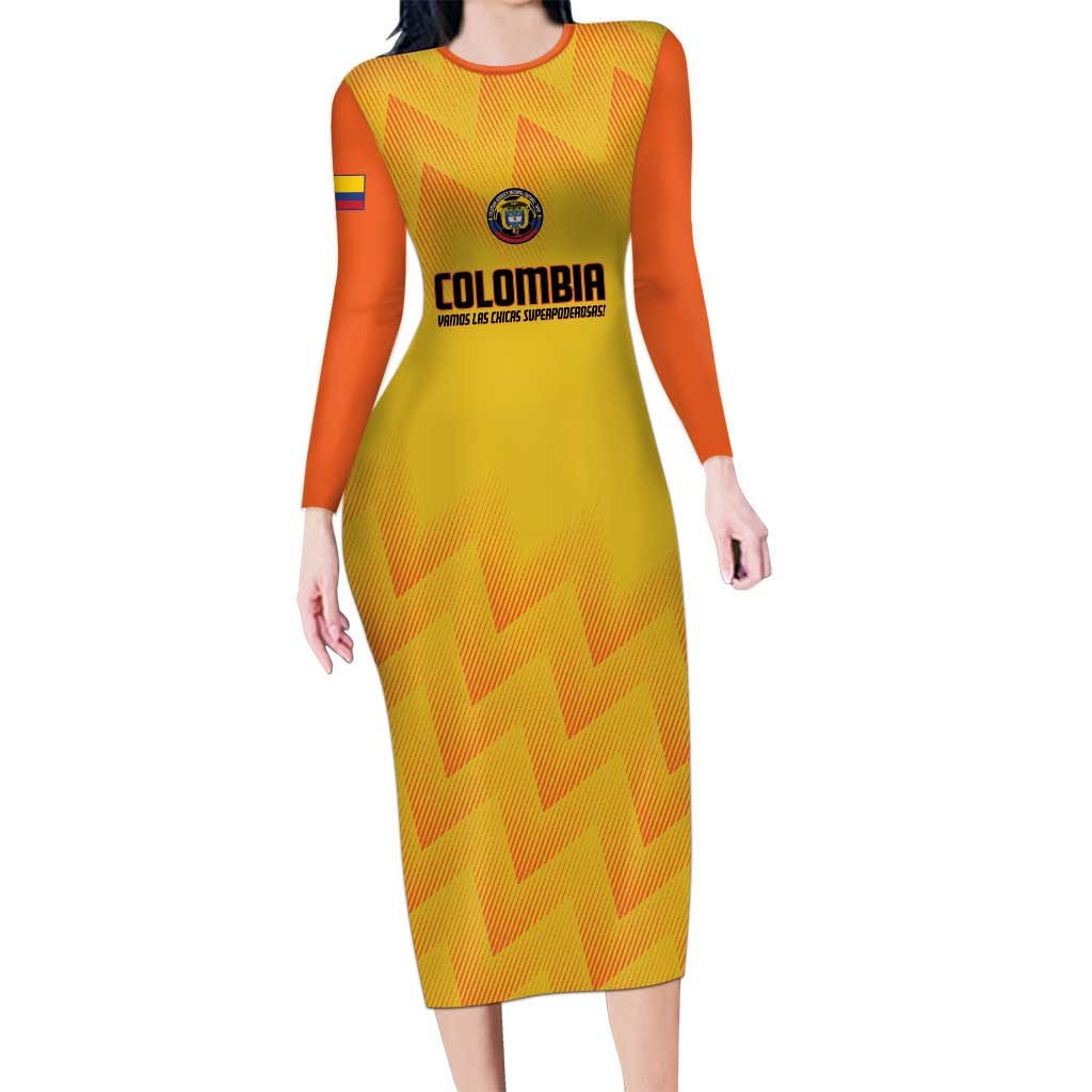 Custom Colombia Football Long Sleeve Bodycon Dress 2025 Las Chicas Superpoderosas - Yellow Version - Wonder Print Shop