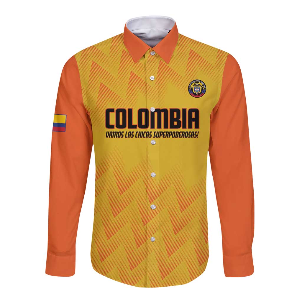 Men's yellow long-sleeve button football shirt with orange sleeves and Colombia logo