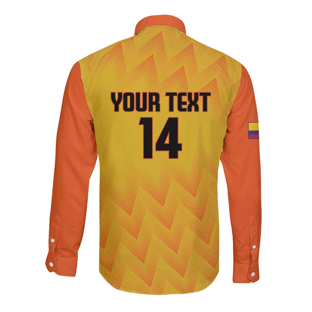 Yellow back of long-sleeve button football shirt with orange sleeves, 'YOUR TEXT 14'