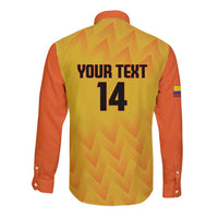 Yellow back of long-sleeve button football shirt with orange sleeves, 'YOUR TEXT 14'
