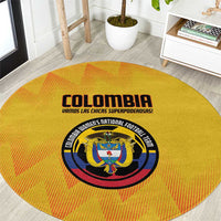 Yellow round football carpet with Colombia crest and bold text center design.
