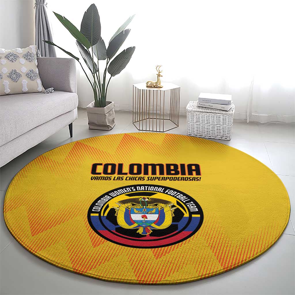 Yellow round Colombia football carpet with crest emblem and printed text around edge.