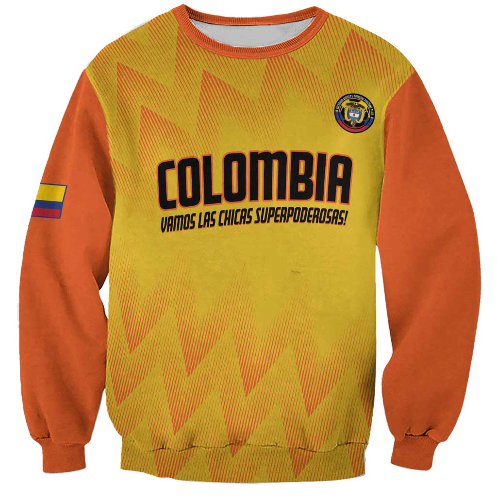 Unisex yellow Colombia football sweatshirt with orange sleeves and front logo print