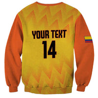 Unisex yellow sweatshirt back with 'YOUR TEXT 14' graphic and orange side panels