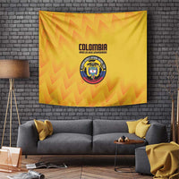 Yellow Colombia football tapestry with zigzag pattern and circular crest emblem