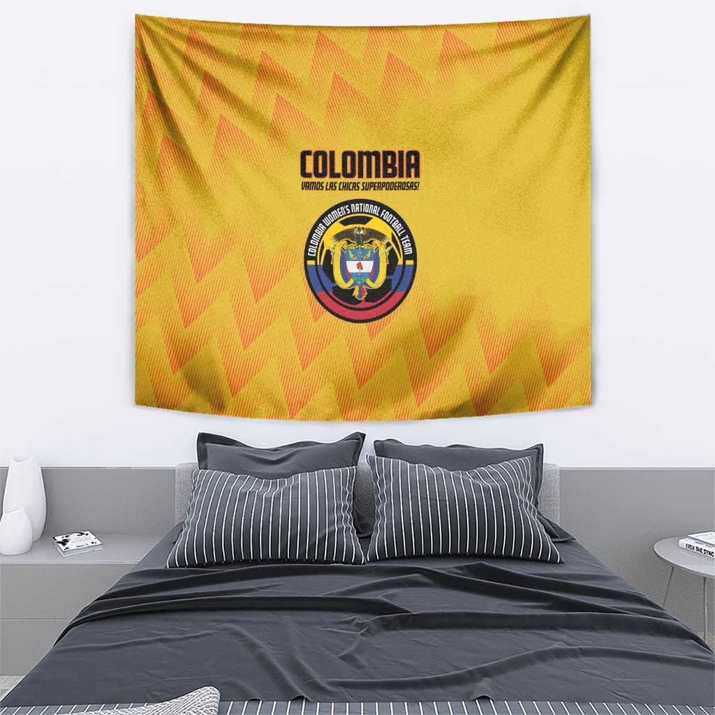 Yellow Colombia football tapestry featuring zigzag design and center crest logo