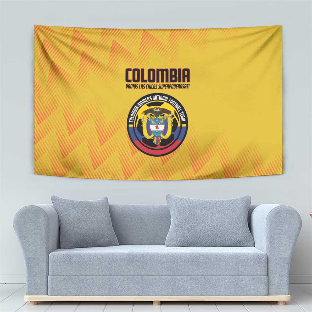 Yellow Colombia football tapestry showing zigzag pattern and circular crest logo