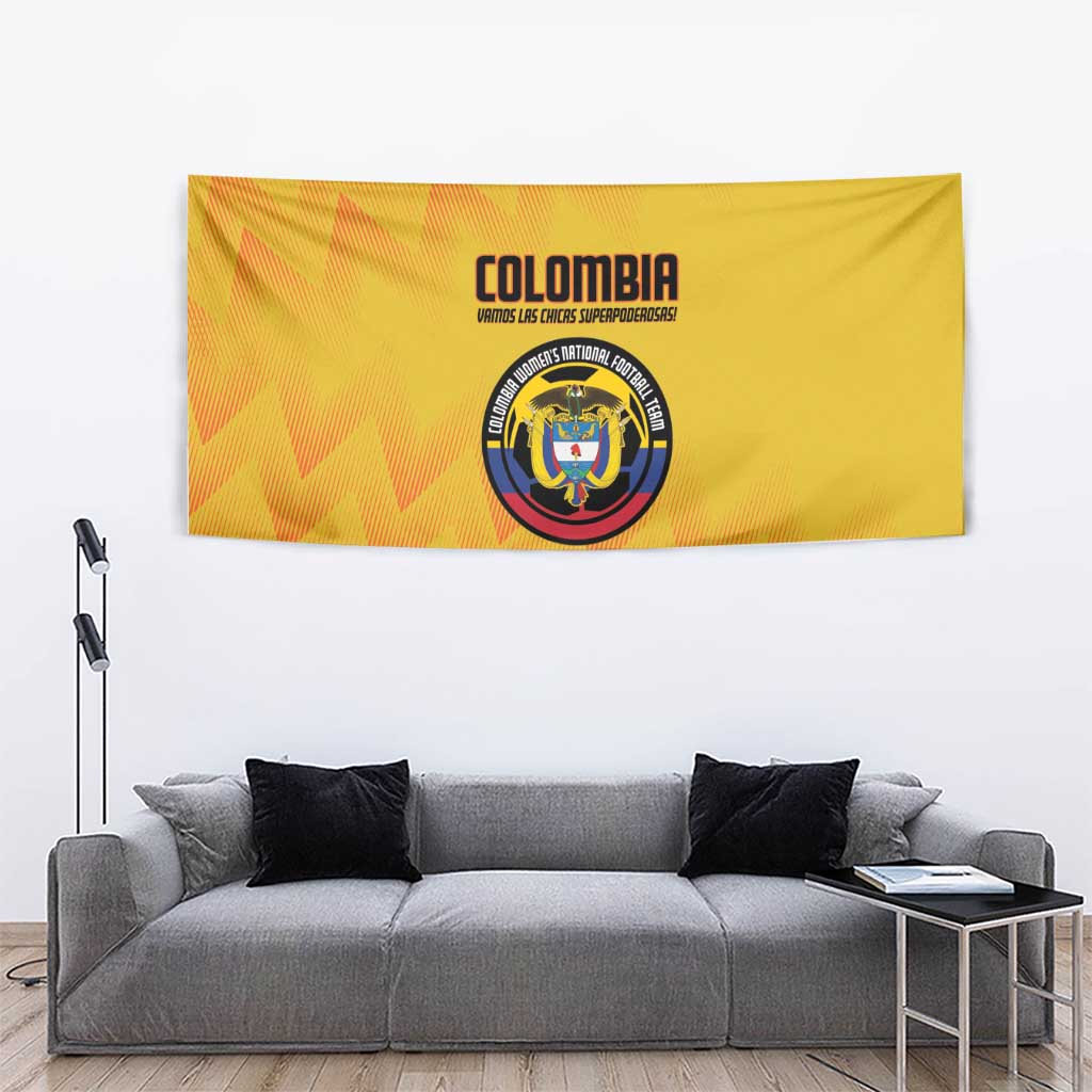 Yellow Colombia football tapestry with zigzag design and circular crest logo