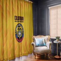Yellow Colombia football window curtain with crest graphic and orange zigzag stripes.