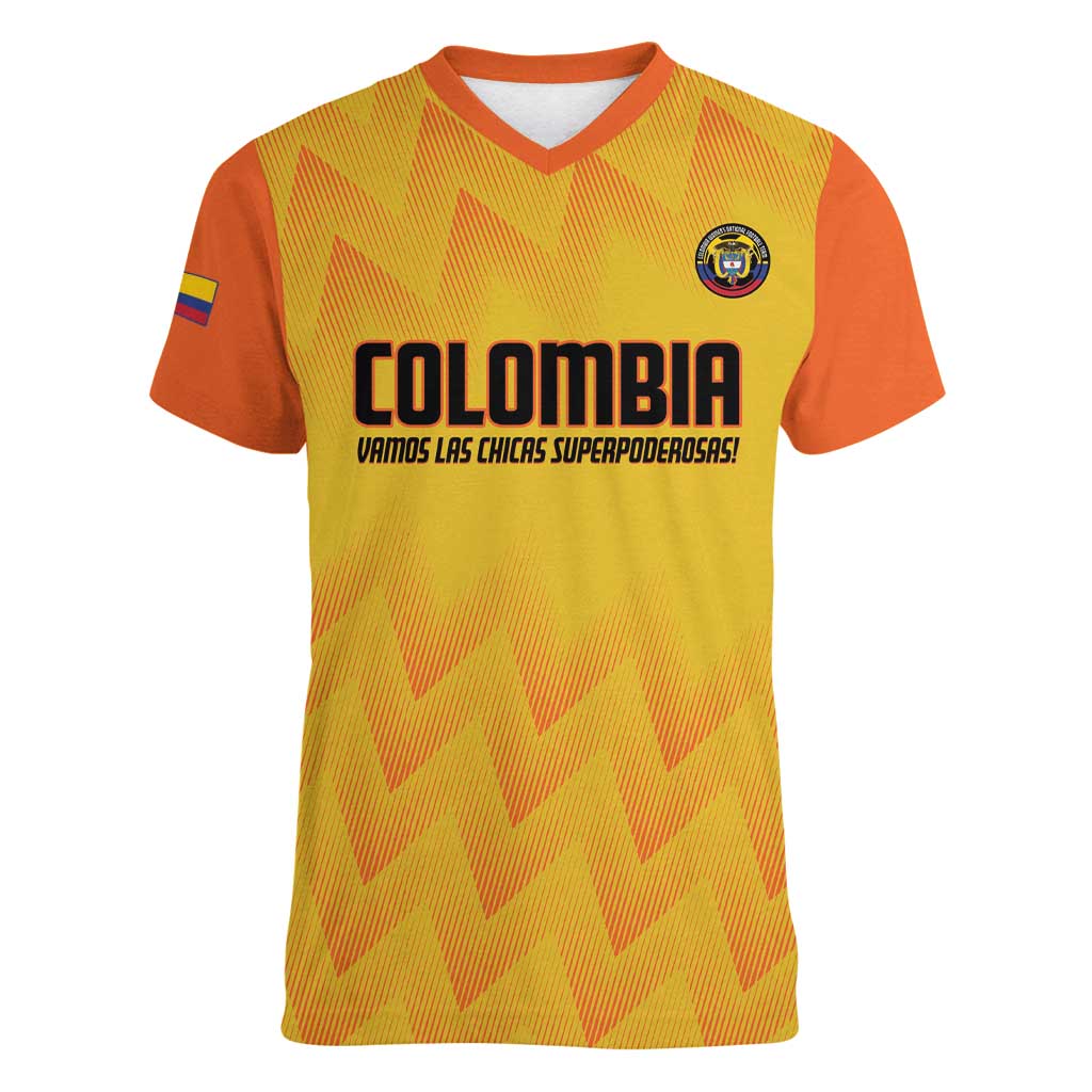 Custom Colombia Football Women V-Neck T-Shirt 2025 Las Chicas Superpoderosas - Yellow Version - Wonder Print Shop