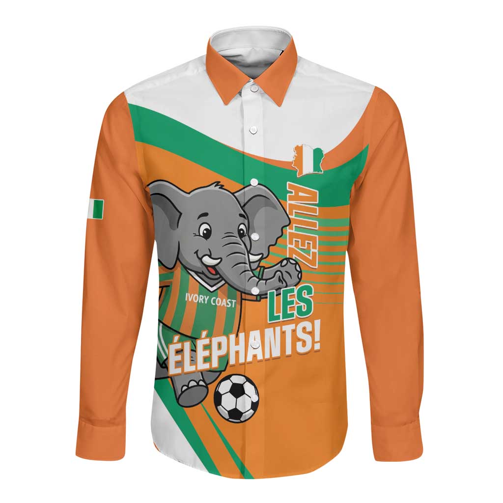Custom Ivory Coast Football Long Sleeve Button Shirt 2026 Allez Les Elephants Cute Mascot - Wonder Print Shop