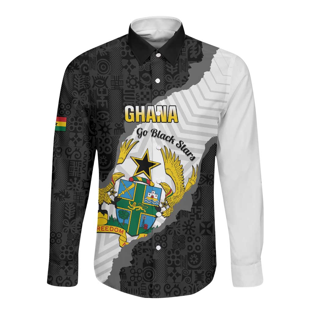 Custom Ghana Football Long Sleeve Button Shirt 2026 Go Black Stars Black Adinkra Pattern - Wonder Print Shop