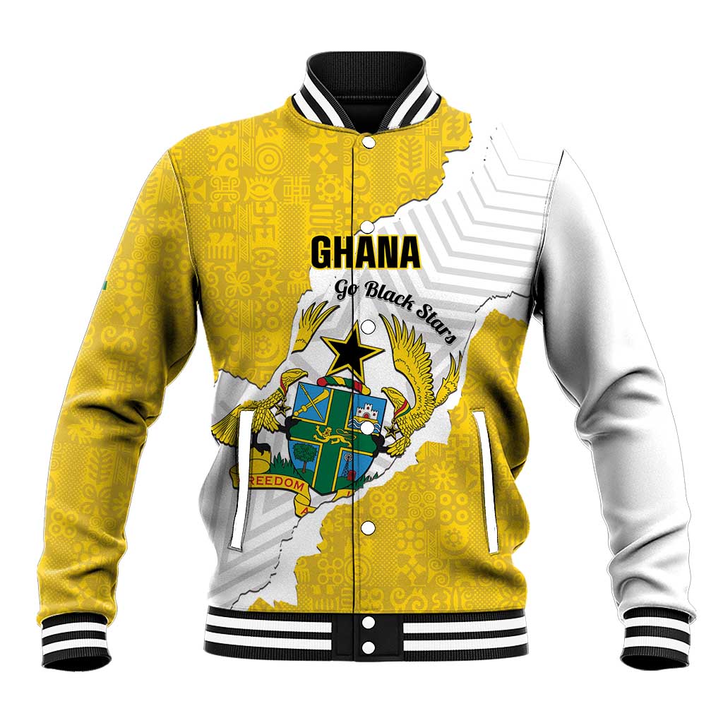 Custom Ghana Football Baseball Jacket 2026 Go Black Stars Yellow Adinkra Pattern - Wonder Print Shop