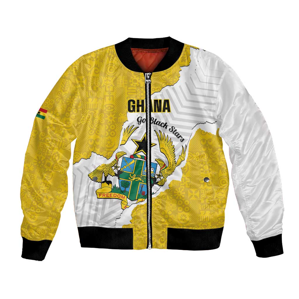 Custom Ghana Football Bomber Jacket 2026 Go Black Stars Yellow Adinkra Pattern - Wonder Print Shop