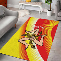 Personalized area rug with Sicilian flag rays and central figure graphic, "YOUR TEXT"