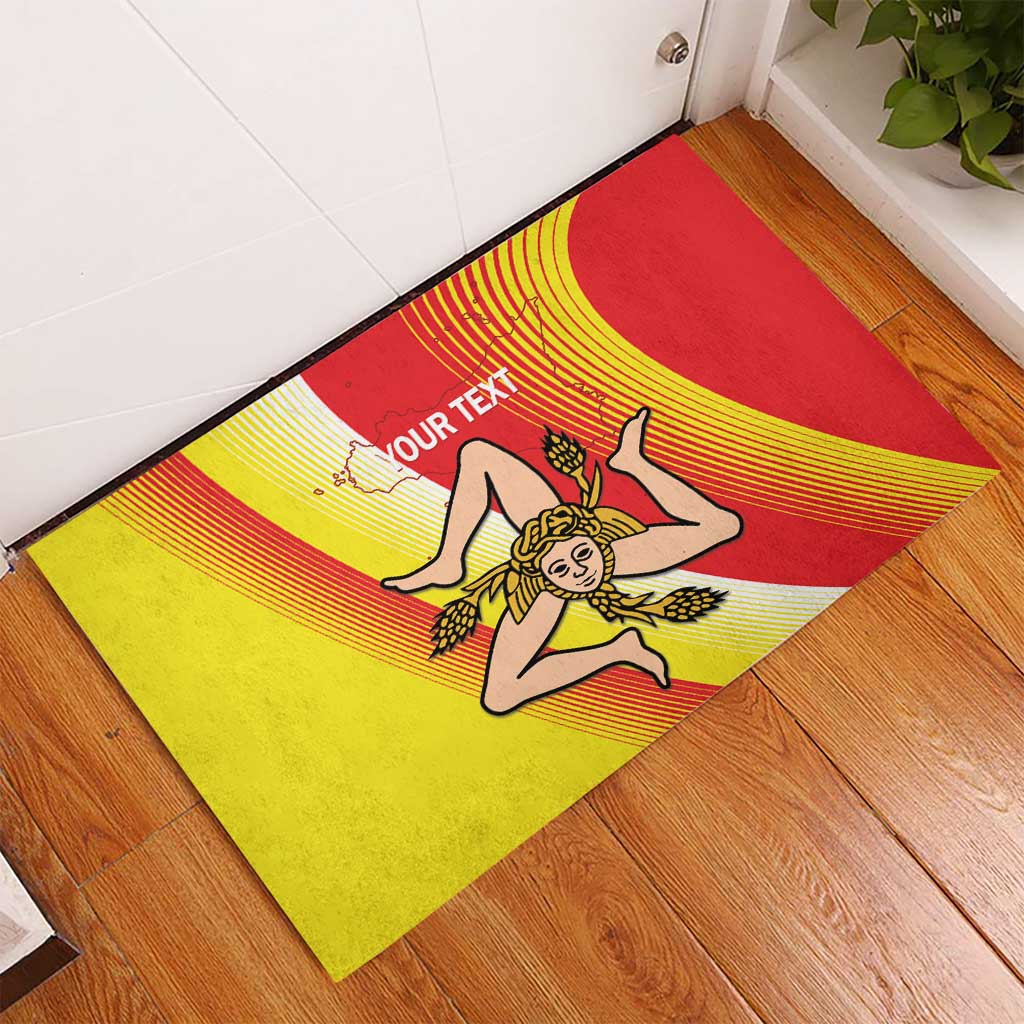 Rubber doormat with Sicilian map flag graphic, red and yellow, 'YOUR TEXT'