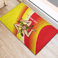 Rubber doormat with Sicilian flag artwork and sunburst lines, red/yellow, 'YOUR TEXT'