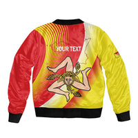 Unisex red and yellow bomber jacket with ribbed cuffs and 'YOUR TEXT' back print