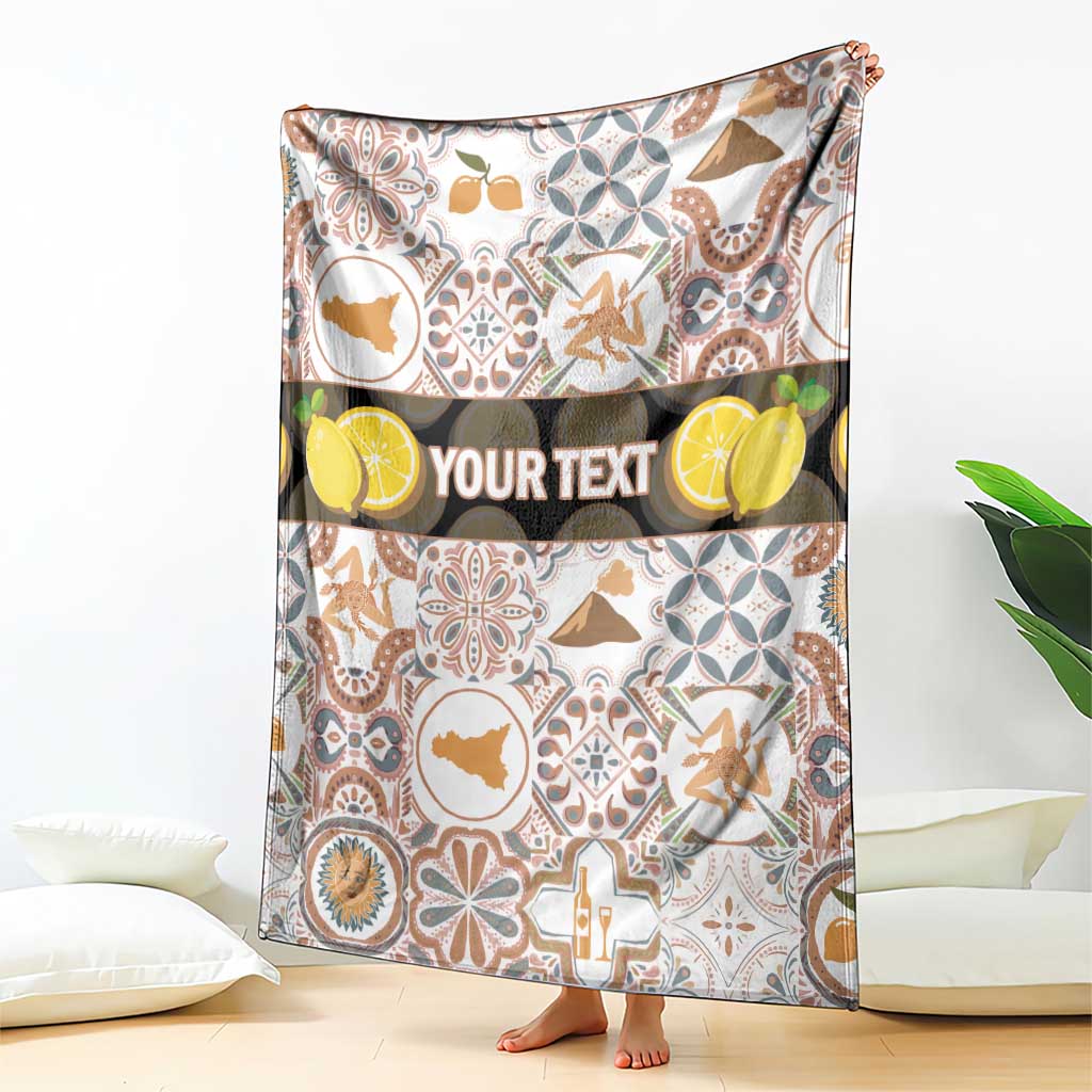 Personalized Sicilia blanket with colorful mosaic pattern and custom “YOUR TEXT” band