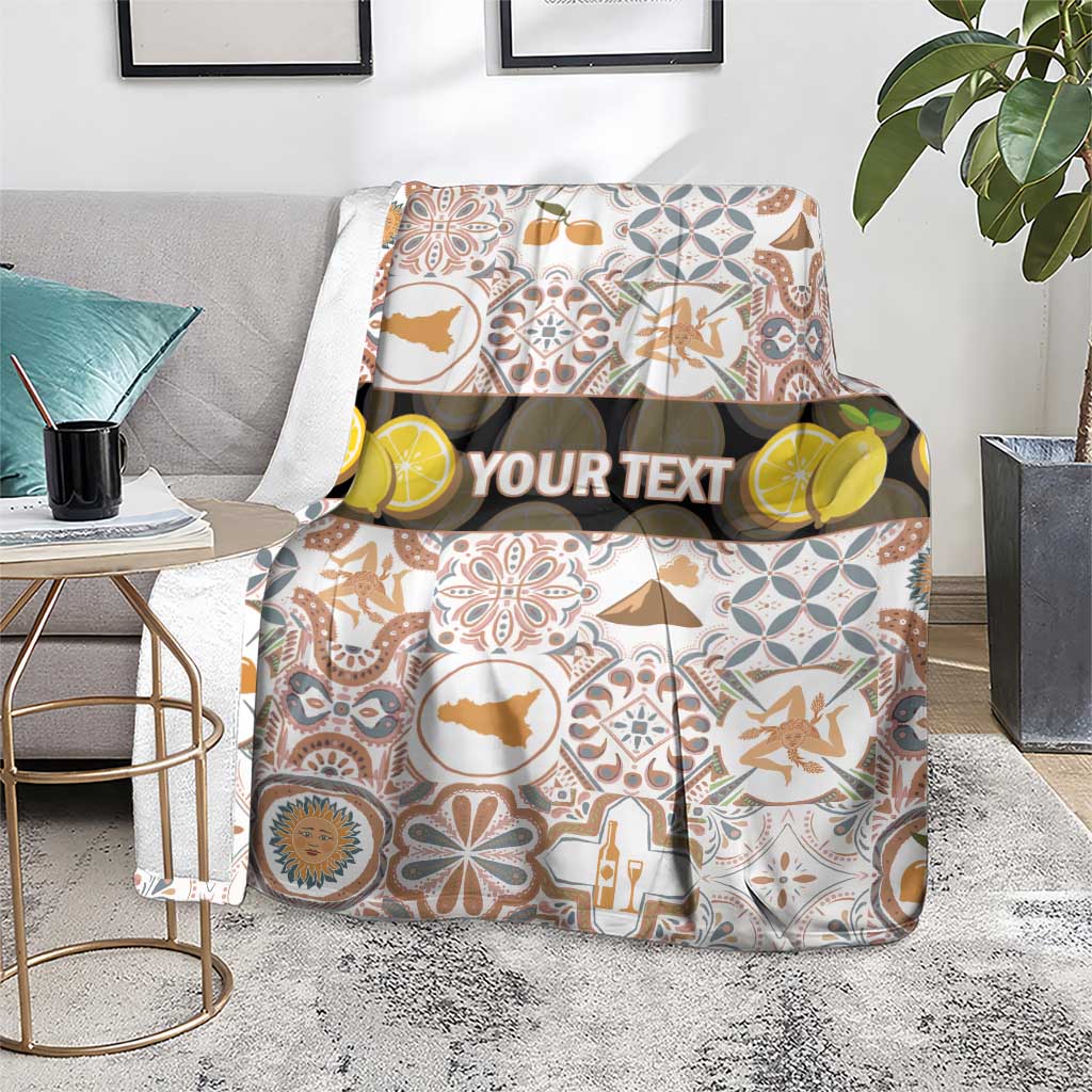 Personalized Sicilia mosaic motif blanket with custom “YOUR TEXT” band on living room floor