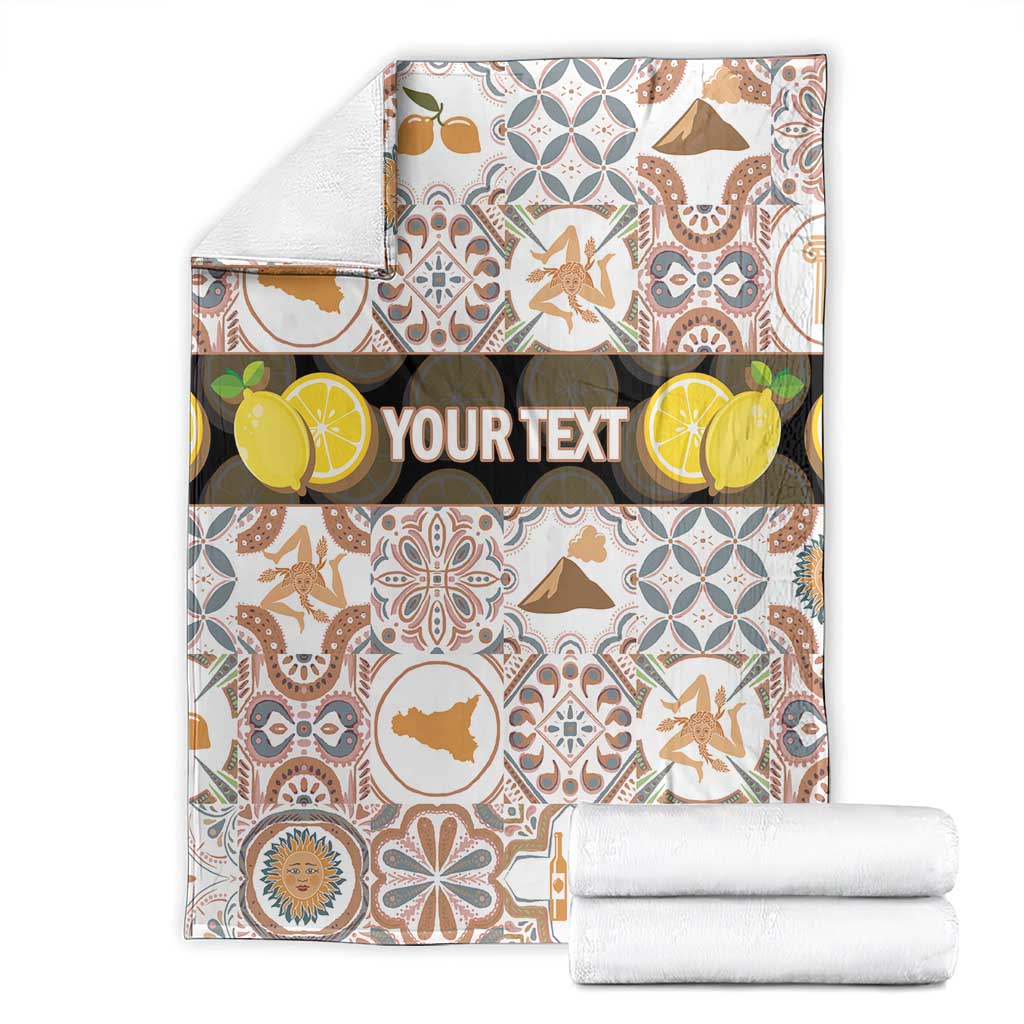 Personalized Sicilia blanket set with custom “YOUR TEXT” band and folded white blankets