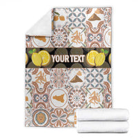 Personalized Sicilia blanket set with custom “YOUR TEXT” band and folded white blankets