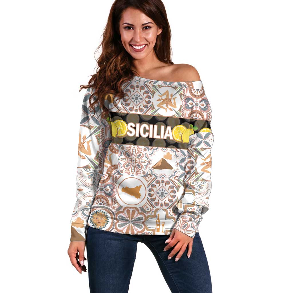 Personalized Sicilia National Symbols With Mosaic Motifs Off Shoulder Sweater