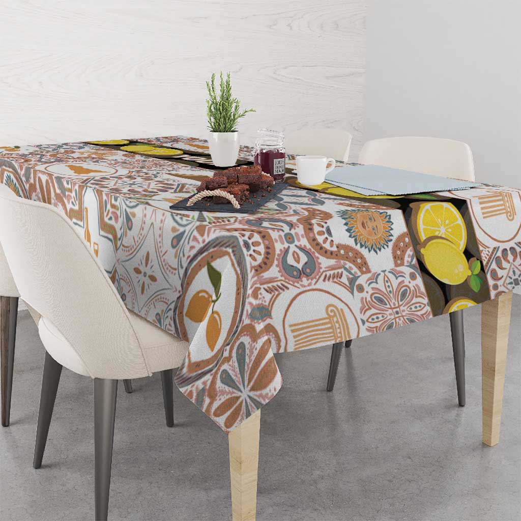 Sicilian mosaic motif tablecloth on dining table with overhang at all sides, cream and brown