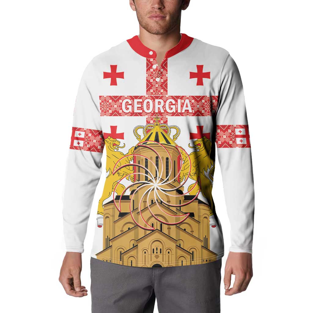 Personalised Georgia Independence Day Button Sweatshirt Sameba Cathedral Borjgali Folk Pattern