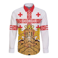 Personalised Georgia Independence Day Long Sleeve Button Shirt Sameba Cathedral Borjgali Folk Pattern