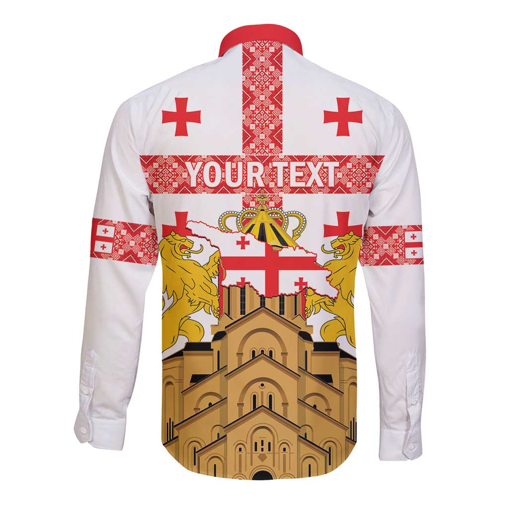 Personalised Georgia Independence Day Long Sleeve Button Shirt Sameba Cathedral Borjgali Folk Pattern