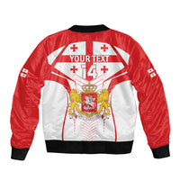 Red and white bomber jacket with Georgian crest and YOUR TEXT header, black ribbed hem