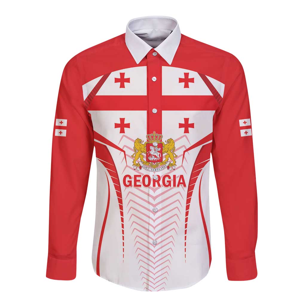 Red and white long-sleeve button shirt with Georgia crest and front graphic